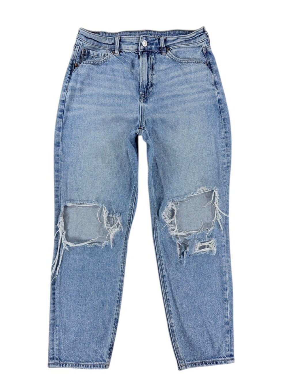 Women's American Eagle Mom Jeans Distressed High Rise Light Wash Size 8 Short
